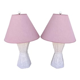 Pair of White Faux Bamboo Ceramic Table Lamps W/Shade