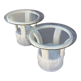 Cerused Pencil Reed Glass Top Side Tables-A Pair