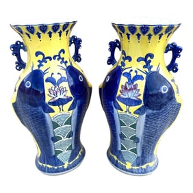 Blue & Yellow Koi Fish Jiaqing Vase-A Pair