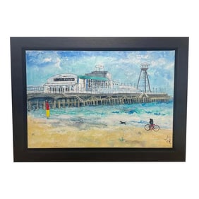 Charming British Oil Painting Nautical Beach Shoreline Seaside Bournemouth Pier by Katharine Dove, F