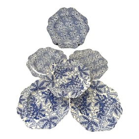 1990s Spode Blue & White Wild Rose/Grapes Luncheon Plates- Set of 6