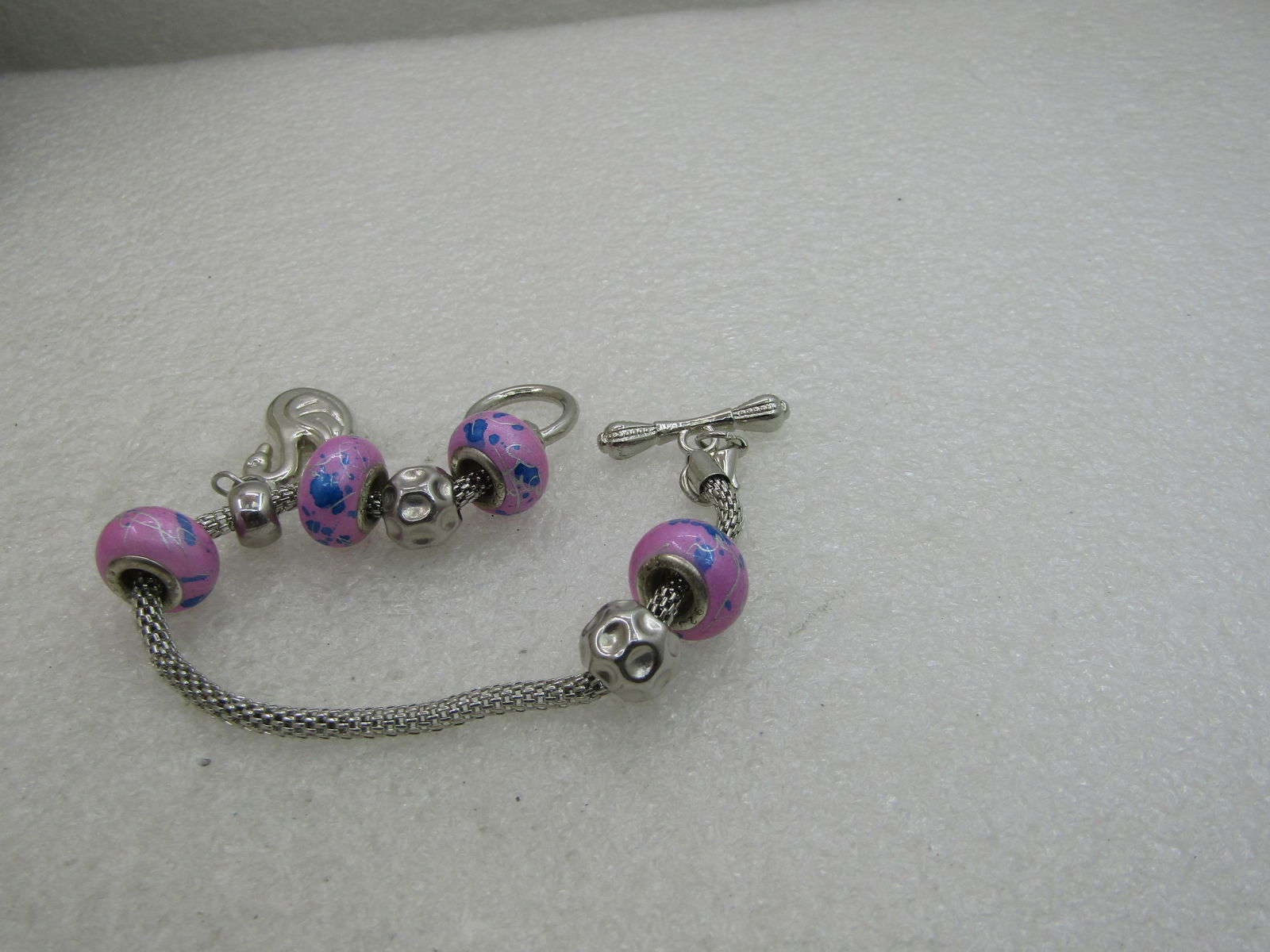 Pink Floral & Swan Slide Beaded Bracelet, 8", Toggle Clasp (1 of 4)