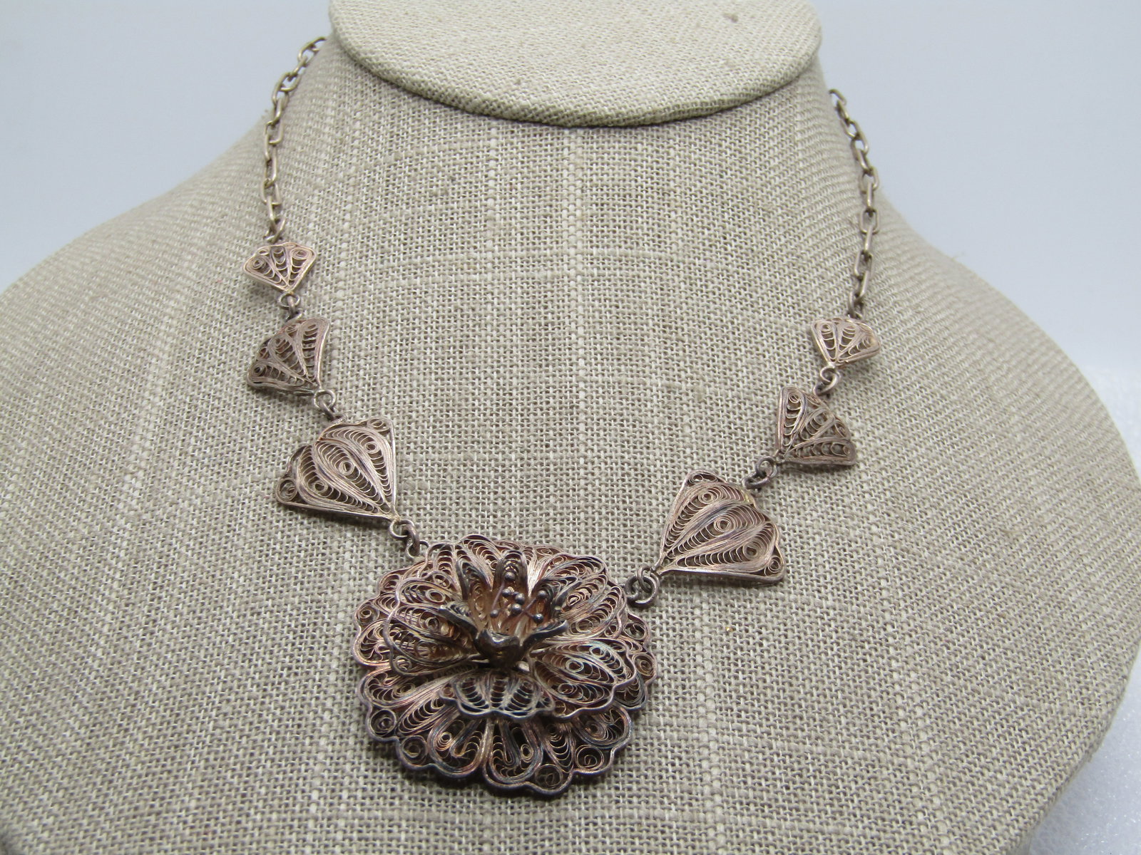Vintage Sterling Filigree Florall Necklace, Mexico, 15", 1940's-1950's (1 of 7)