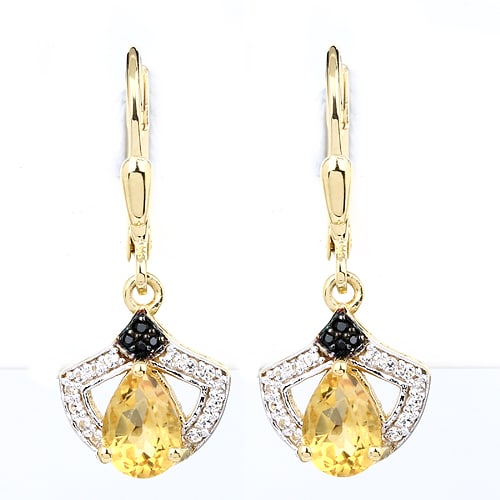 Earrings: Golden Citrine Pears 7x5mm: Title: Earrings: Golden Citrine Pears 7x5mm Description: Golden Citrine Pears 7x5mm - 2Pcs + Black Spinel Round 0.80mm - 6Pcs + Black Spinel Round 1.00mm - 2Pcs + White Topaz Round 1.00mm - 28Pcs Date