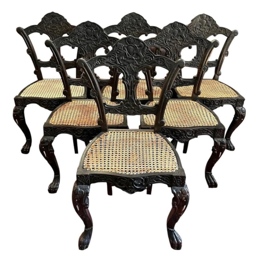 Mid 1800's Anglo-Indian Ebony Carved Chairs- Set of 6: DescriptionWe acquired these beautifully carved Indian ebony Anglo-Indian chairs a number of years ago, and have enjoyed them immensely. We are now ready to share their beauty and uniqueness with some