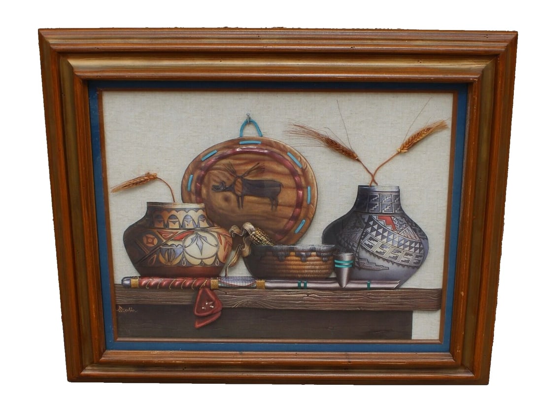 Native American Mixed Media & Collage with 3d Vases, etc. Signed Olio: Native American Mixed Media and Collage with 3d vases, basket, etc., 15-1/2" x 19-1/2" sight size (framed size: 22-1/2" x 26-1/2") signed lower left with arrow and OLIO. We note that Olio appears to h