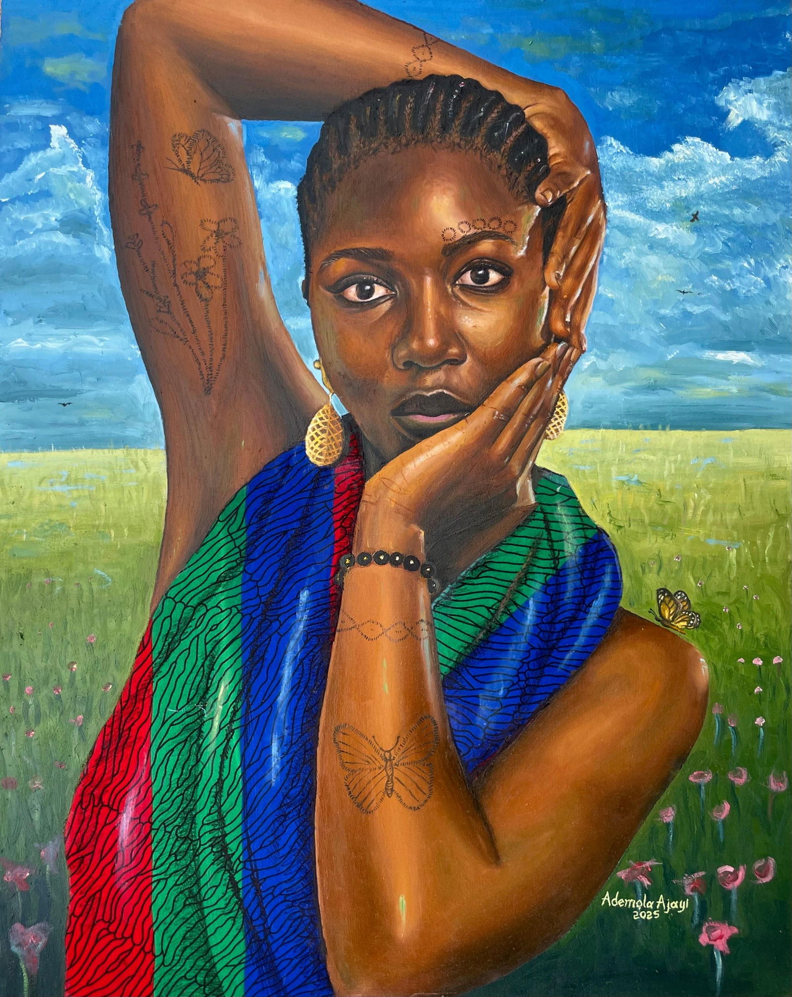 Ademola Clement Ajayi, Bloom of Becoming -21st Century, Contemporary, Figurative Portrait, Africa: Creator: Ademola Clement Ajayi (Nigerian) Creation Year: 2025 Dimensions: Height: 30 in (76.2 cm)Width: 24 in (60.96 cm)Depth: 1 in (2.54 cm) Medium: Canvas,Fabric,Charcoal,Mixed Media,Acrylic,Pencil