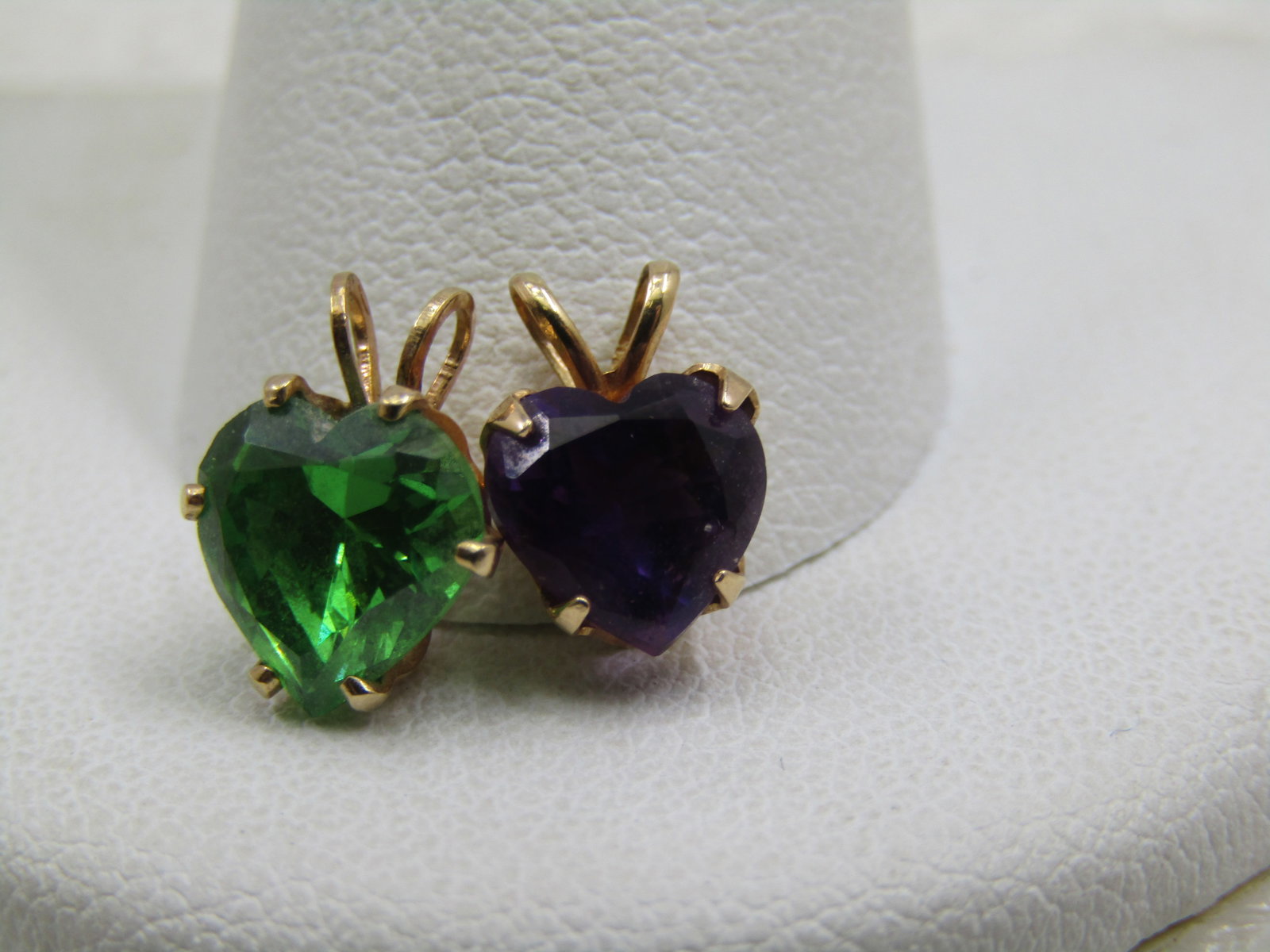 Vintage Pair of 14kt Heart Pendants, Purple Spinel, Green Tourmaline: Title:Vintage Pair of 14kt Heart Pendants, Purple Spinel, Green Tourmaline Description:Vintage Pair of 14kt Heart Pendants, Purple Spinel, Green Tourmaline, The tourmaline is appx. 8mm by 8mm; the ame