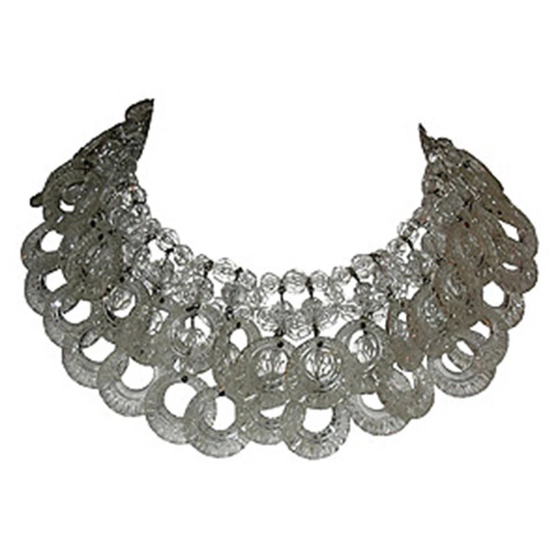 Clear Lucite Charm Necklace: Title:Clear Lucite Charm Necklace Description:1960s statement clear Lucite dangle charm necklace. Closes with hook and extender. Unmarked. Reserve: $196.00 Shipping: Domestic: Flat-rate of $9 to