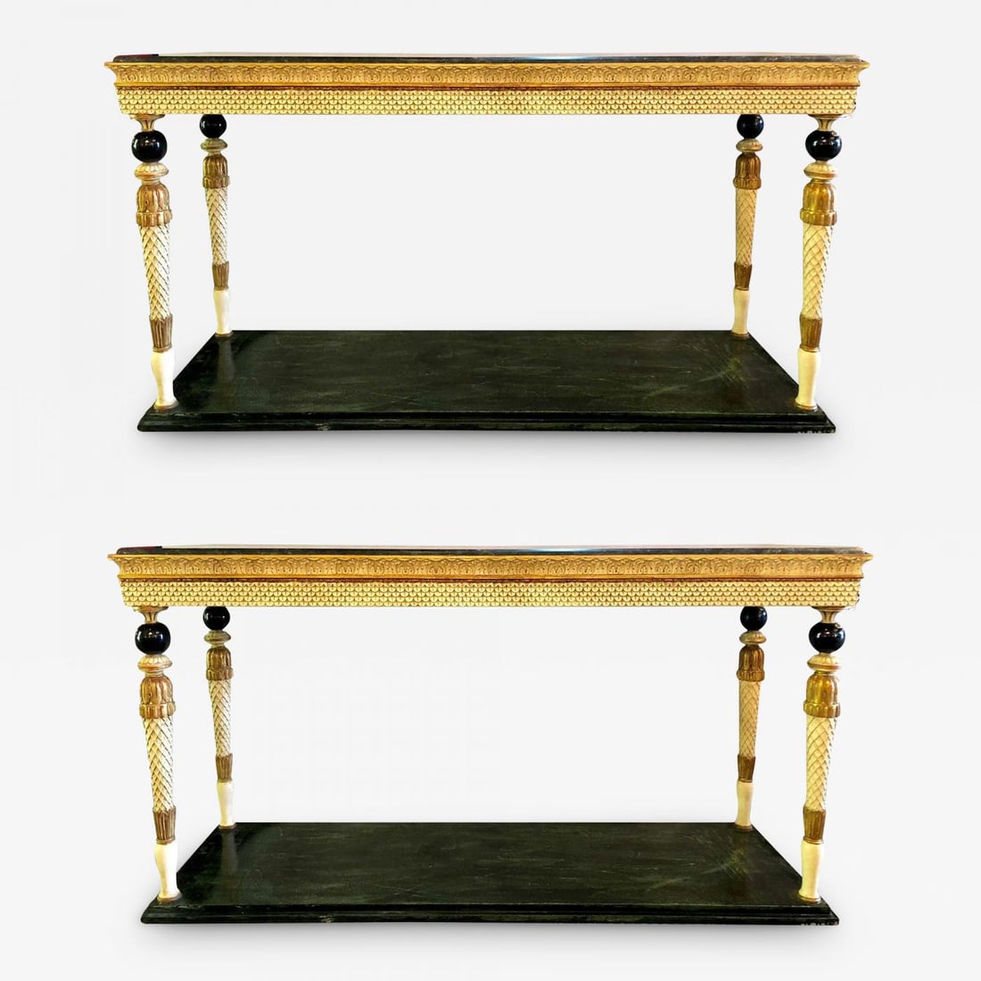 Pair of Neoclassical Style Marble-Top Consoles Attributed to Maison Jansen: A pair of neoclassical style marble-top console tables attributed to Maison Jansen as seen on page 201, of the Jansen Furniture book by James Archer Abbott. This incredible stunning pair of Swedish pa