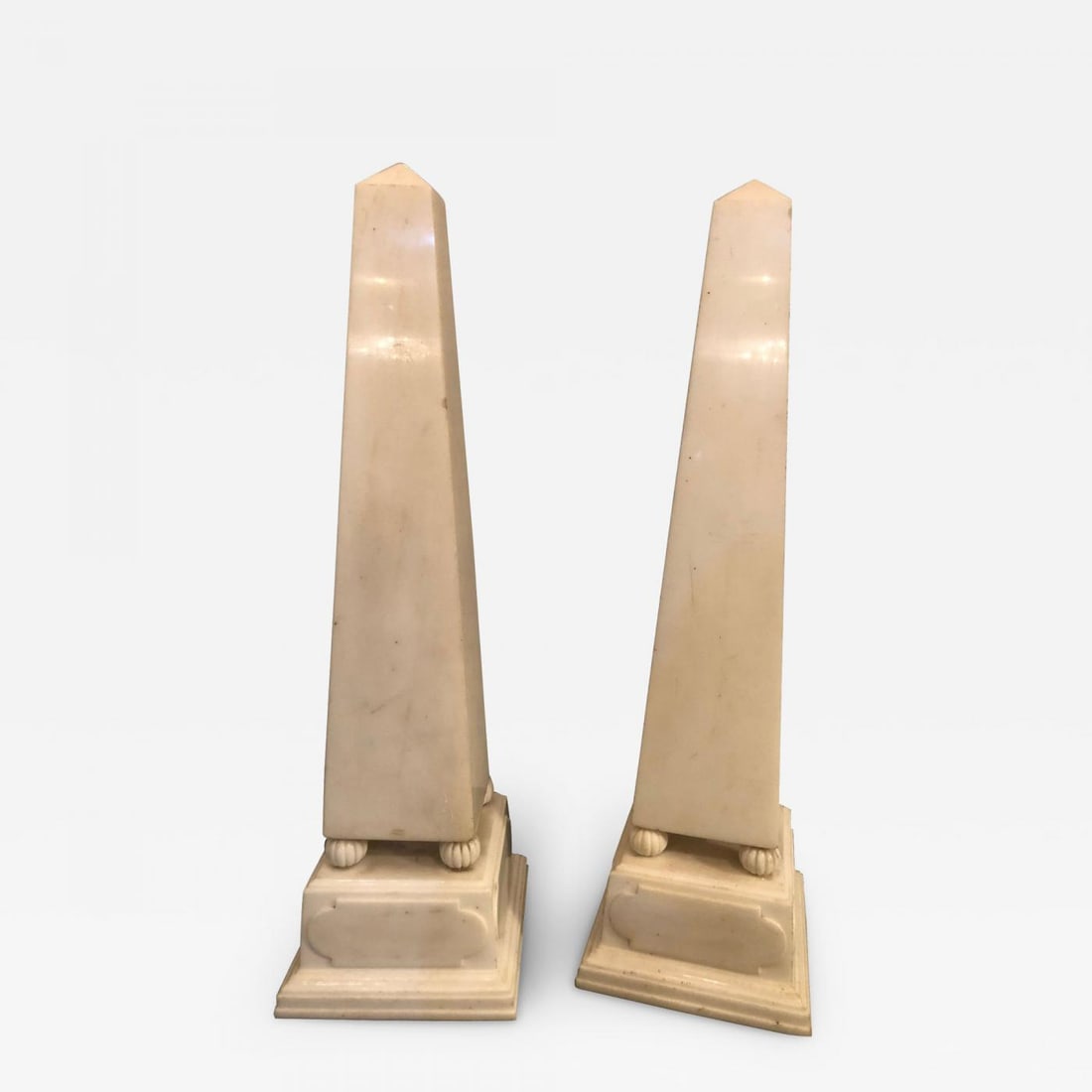 Pair of Large Antique 19th-20th Century Solid Marble Obelisks on Pedestals: Pair of Palatial antique 19th-20th century solid marble obelisks on pedestals. The obelisks detach from the pedestal bases. Reserve: $3,825.00 Shipping: Domestic: Shipping rates are determined&#