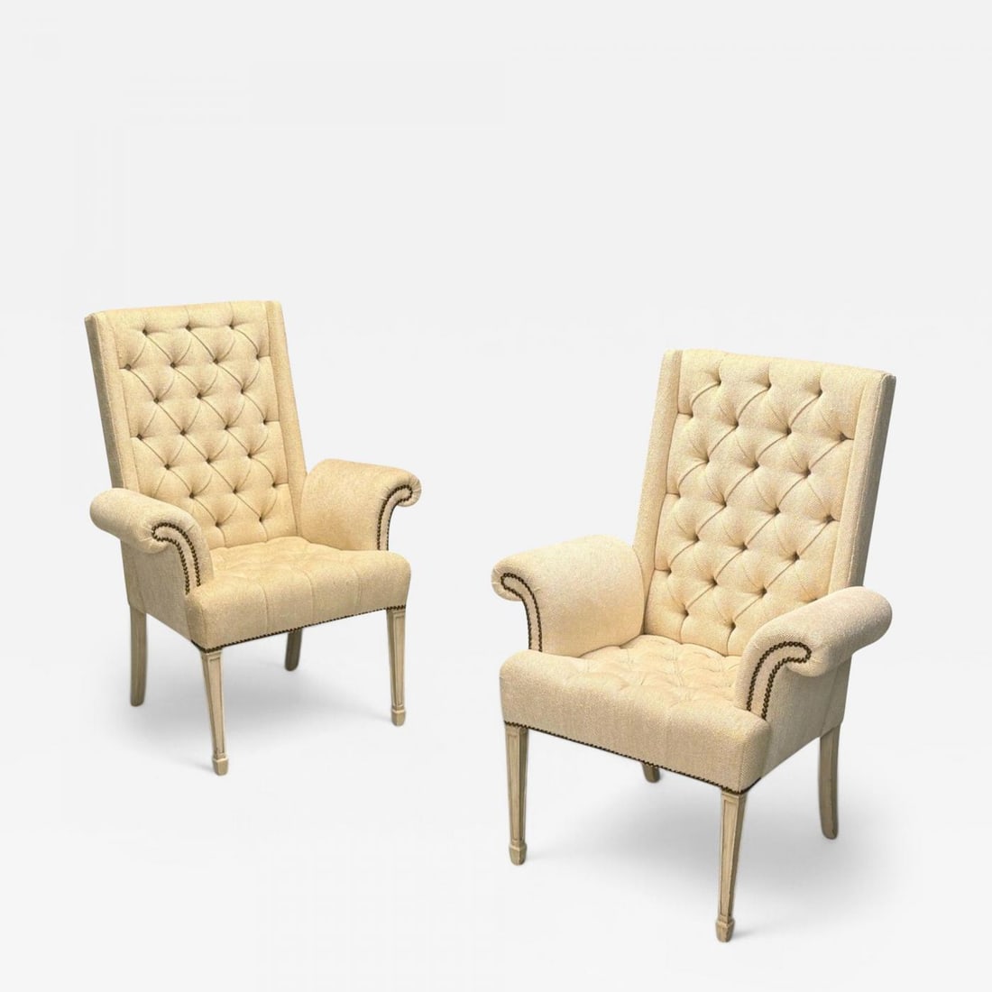 Grosfeld House, Hollywood Regency, Rolled Arm Chairs, Painted Wood, Tweed Linen: Grosfeld House, Louis XVI Style, Rolled Arm Occasional Chairs, Cream Painted Wood, Tweed Linen, 20th C. A pair of traditional occasional arm or lounge chairs produced by Grosfeld House in the United S