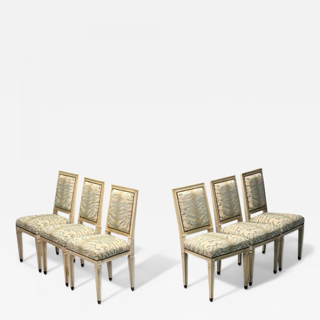 Jean-Michel Frank, Louis XVI Style, Six Dining Chairs, Parchment, France, 1930s: Jean-Michel Frank attr, Louis XVI Style, Six Dining or Side Chairs, Parchment over Wood, Fabric, France c. 1930s Set of six Directoire style dining or side chairs in parchment clad wood and turquoise/