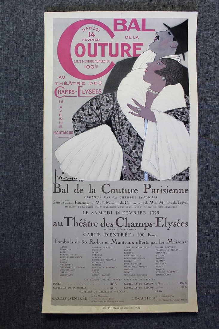 Bal De La Couture - Art By Georges Lepape (1925) 16x31 French Advertising Poster LB: Bal De La Couture - Art By Georges Lepape (1925) 16x31 French Advertising Poster LB, Please refer to the attached photos to determine the condition of this original vintage item. Note: LB means Linen