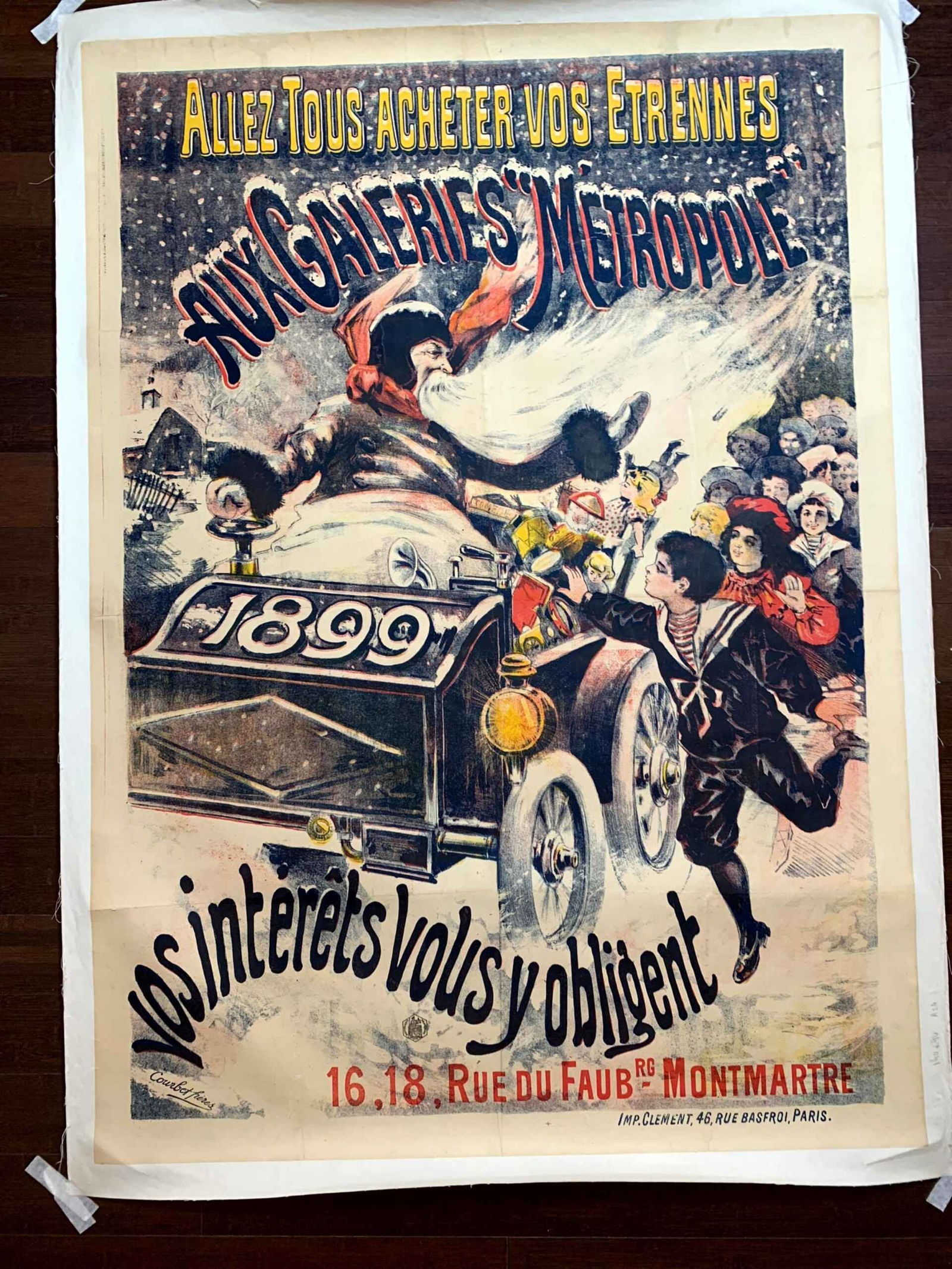 Aux Galeries Metropole -Art Courbet (1889) 38x55 French Christmas Santa Poster LB: Aux Galeries Metropole -Art Courbet (1889) 38x55 French Christmas Santa Poster LB, Please refer to the attached photos to determine the condition of this original vintage item. Note: LB means Linen Ba