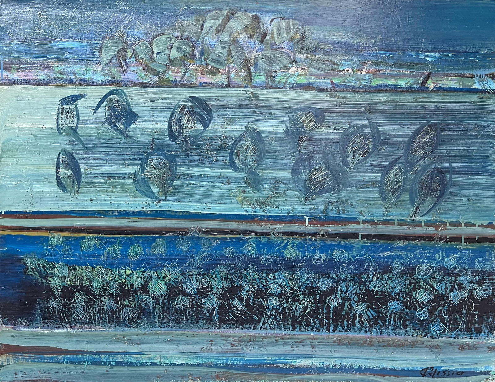 Gilbert Pelissier; Shades of Blue Textured Brushstroke Abstract French 20th Century Painting, 89: Title: Gilbert Pelissier; Shades of Blue Textured Brushstroke Abstract French 20th Century Painting, 89 Description: Title: French Impressionist Oil Painting of a Coastal Landscape with Figures by Ber