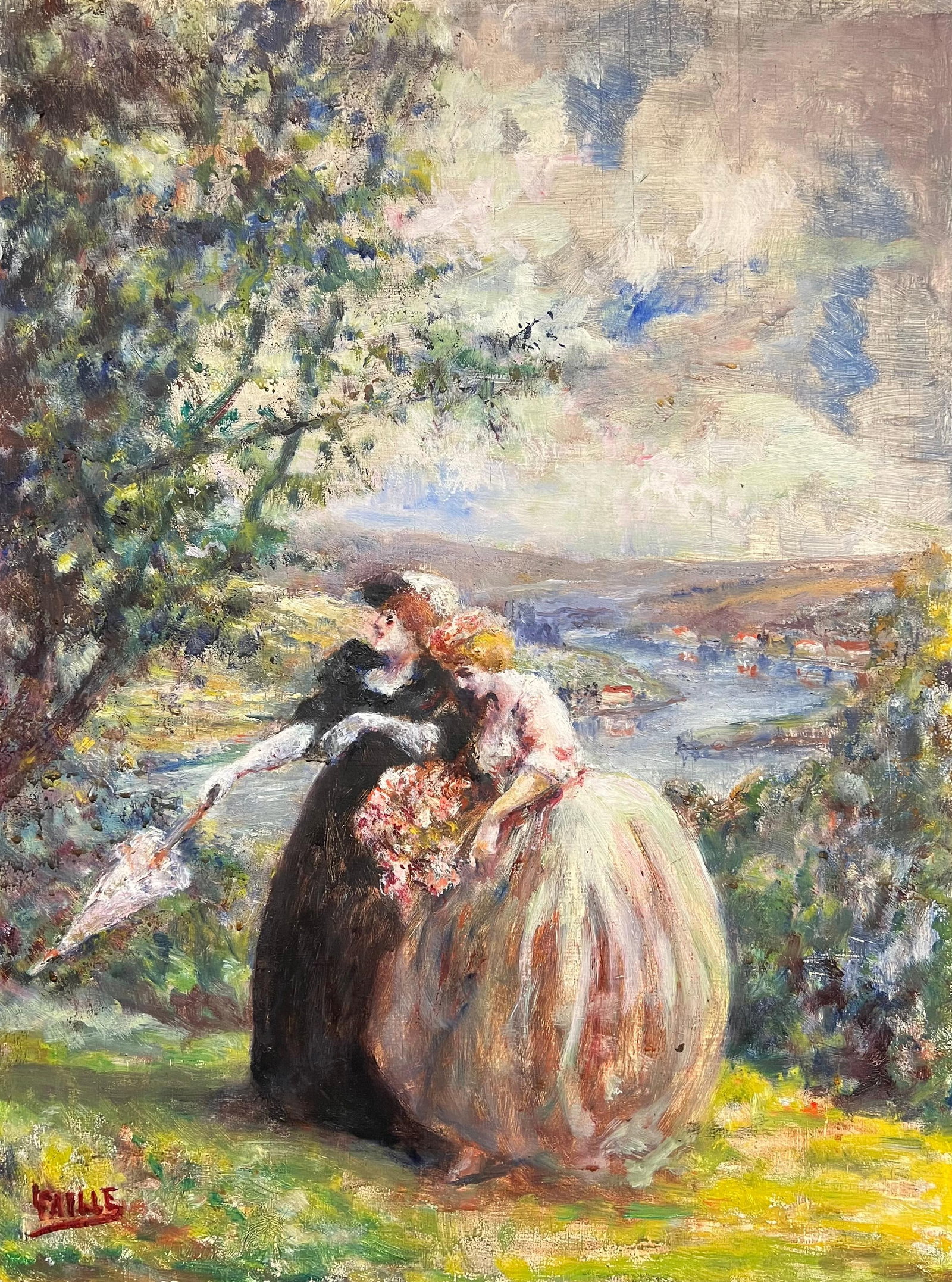 Louis Faille; Elegant Ladies Walking French River Landscape Signed Antique Oil Painting: Title: Louis Faille; Elegant Ladies Walking French River Landscape Signed Antique Oil Painting Description: Abstract Expressionist Composition signed by Gilbert Pelissier (French born 1924) oil painti