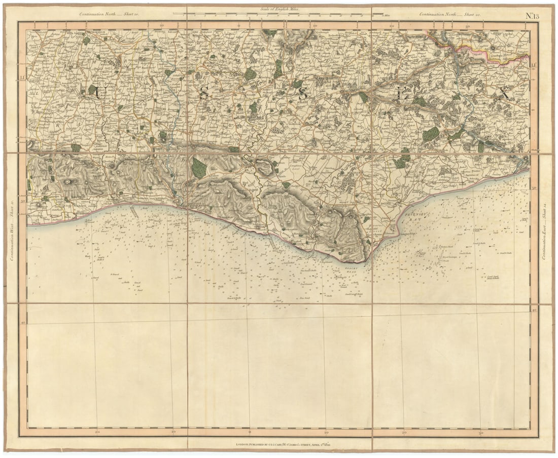 SUSSEX COAST, SOUTH DOWNS & SEVEN SISTERS. Brighton Eastbourne. CARY 1832 map: [Sheet 13 - Sussex coast & the South Downs] by Cary, George & John. Published 1832. Large antique hand-coloured folding map dissected into 9 sections and laid on linen. Size 55 x 67 cm | 21.5 x 26