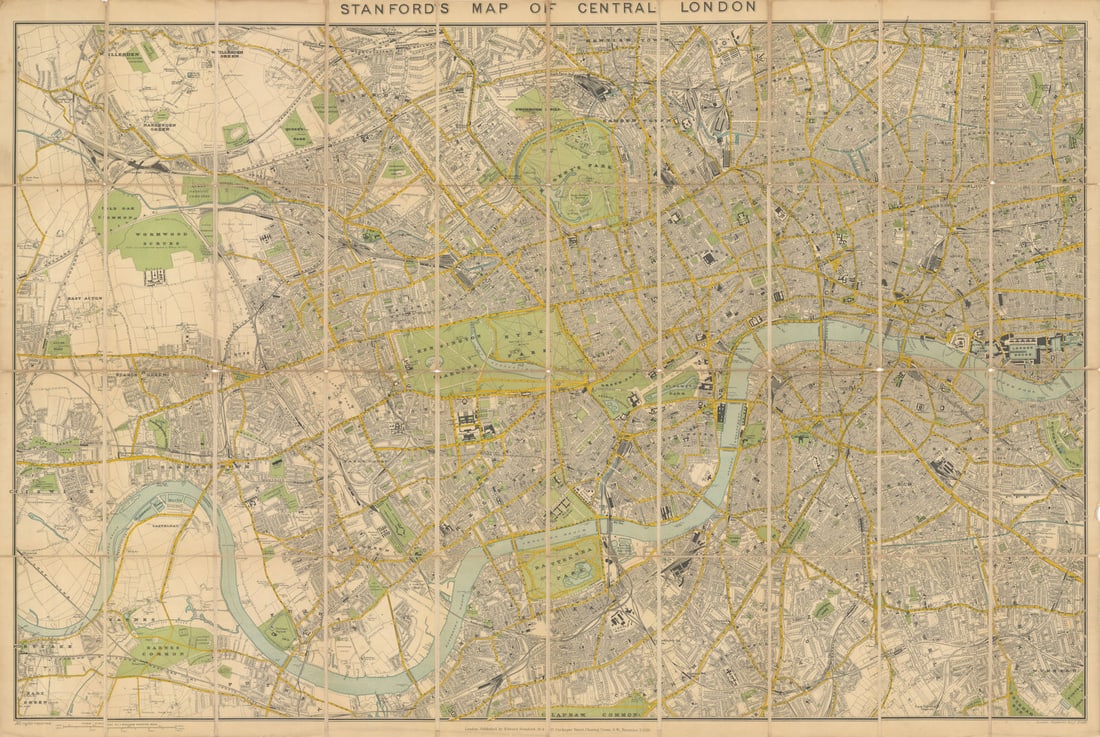 Stanford's Map of Central London. Folding, linen-backed antique city plan 1896: Stanford's Map of Central London'. Stanford's Geographical Establishment. Published November 2nd 1896. Folding city plan, dissected and laid onto linen. With cover. Size 67 x 102 cm | 26.5 x 40.0 inch