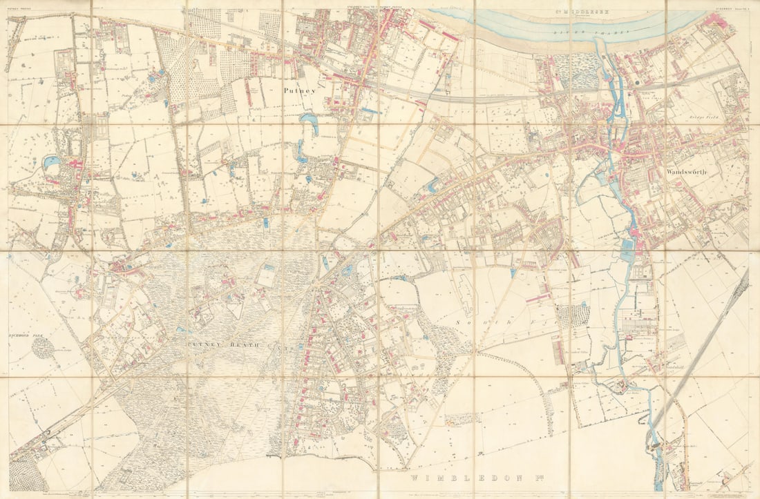 Putney, Wandsworth & Roehampton Ordnance Survey folding map 203x133cm c1870: [Putney, Wandsworth & Roehampton Ordnance Survey map] Sheet VIII. 3 by Ordnance Survey. Published c1870. Large antique Ordnance Survey folding map sheet dissected, backed onto linen, with original