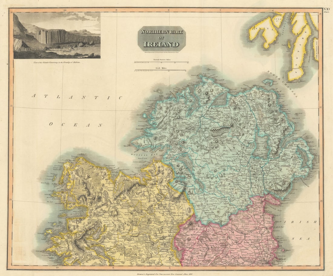 Northern part of Ireland. Ulster south to Dublin. Coach roads. THOMSON 1817 map: Northern part of Ireland'. Drawn & engraved by Samuel John Neele for John Thomson's "New General Atlas". Published Published in 1817. Antique early 19th century atlas map with original hand colouring.