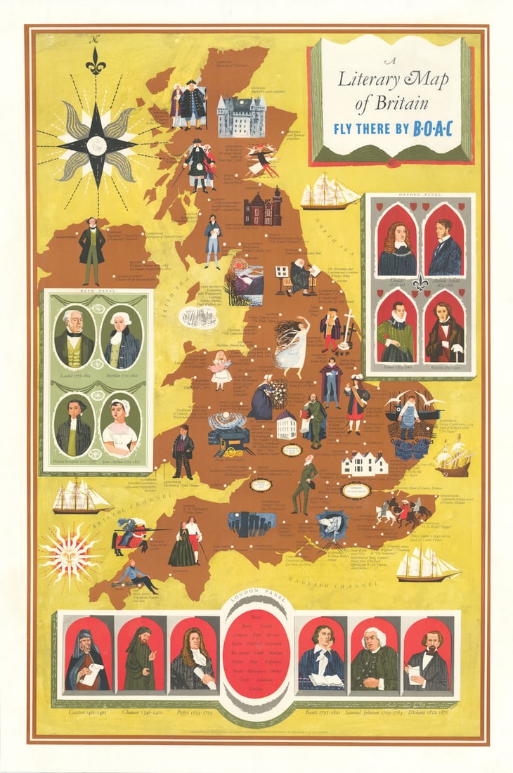 A Literary Map of Britain. Fly there by BOAC. By Robert Tavener 1962 old: A Literary Map of Britain. Fly there by BOAC' by Tavener, Robert. Published 1962. Vintage linen backed tourism poster map. Size 108 x 73 cm | 42.5 x 28.5 inches. Condition: Good; suitable for framing.