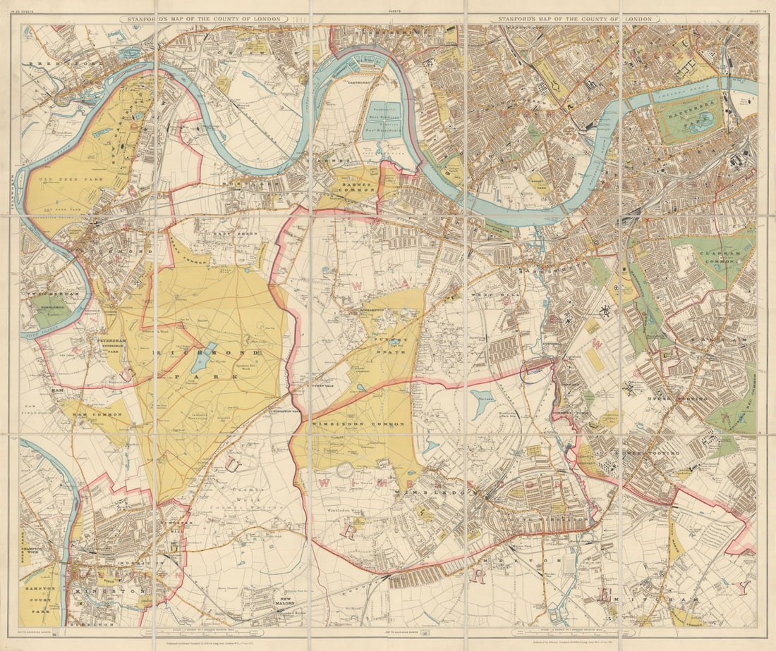 Stanford's New Map of the County of London—South West sheet. 70x84cm 1907: Stanford's [New] Map of the County of London [South West]. Sheets 11, 12, 16 & 17 from Stanford's 20 sheet New Map of the County of London dissected and laid down onto linen, covering south west L