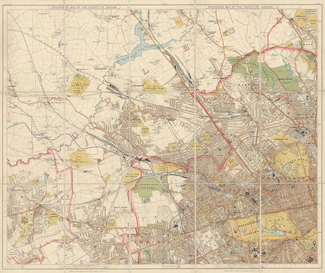 Stanford's New Map of the County of London—North West sheet. 70x84cm 1907: Stanford's [New] Map of the County of London [North West]. Sheets 1, 2, 6 & 7 from Stanford's 20 sheet New Map of the County of London dissected and laid down onto linen, covering north west Londo