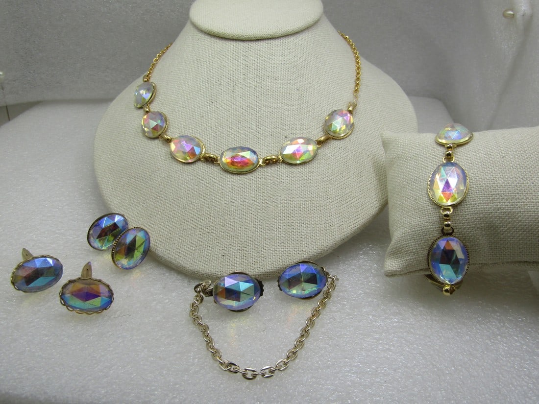 Vintage Clear Aurora Borealis Necklace, Bracelet, Sweater Guard & Cufflink, Clip Earrings, Set, (1 of 7)