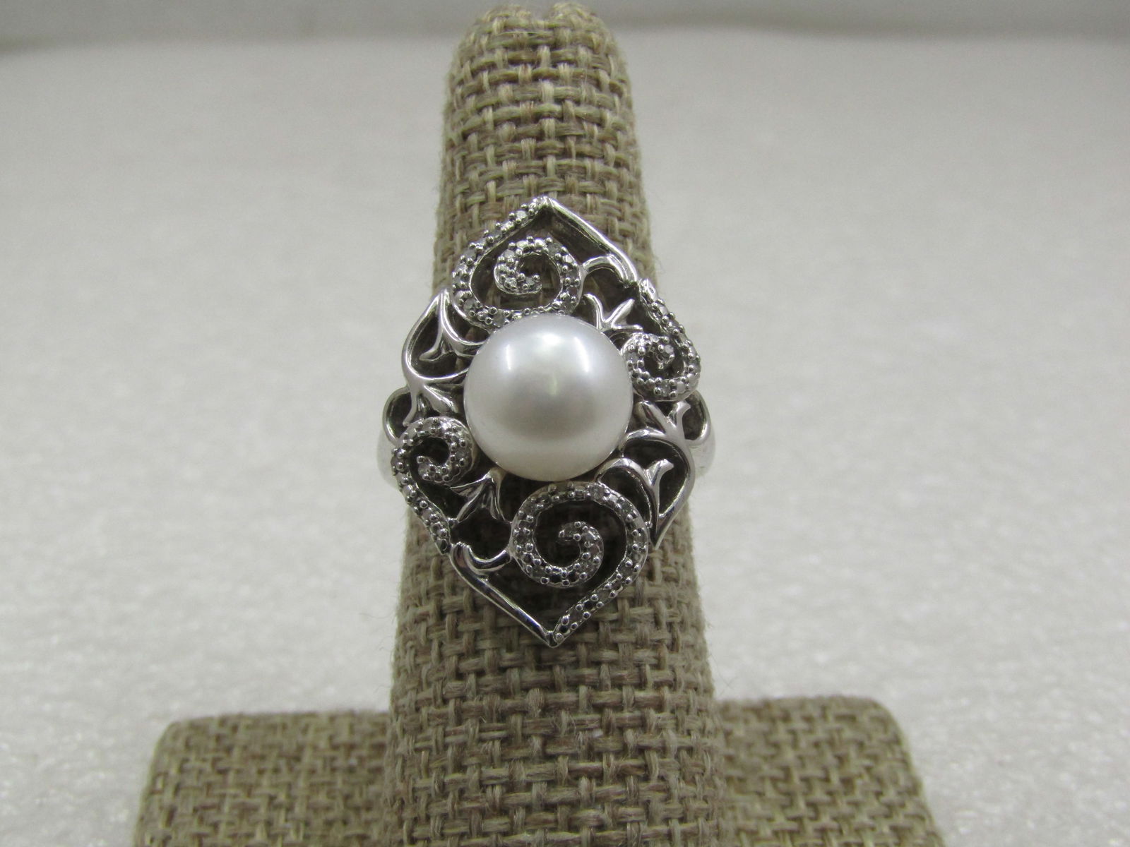 Vintage Sterling Filigree Pearl and Diamond ring. Size 7.5, Signed (1 of 7)