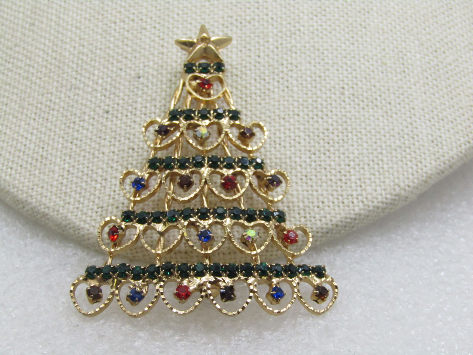 Vintage Heart Rhinestone Christmas Tree Brooch, 2.5" (1 of 6)