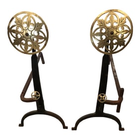 Vintage Cast Iron & Brass Sunburst Motif Andirons -A Pair