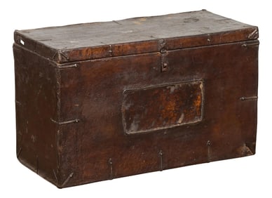 Vintage Korean Dark Brown Distressed Leather Blanket Chest with Iron Hardware