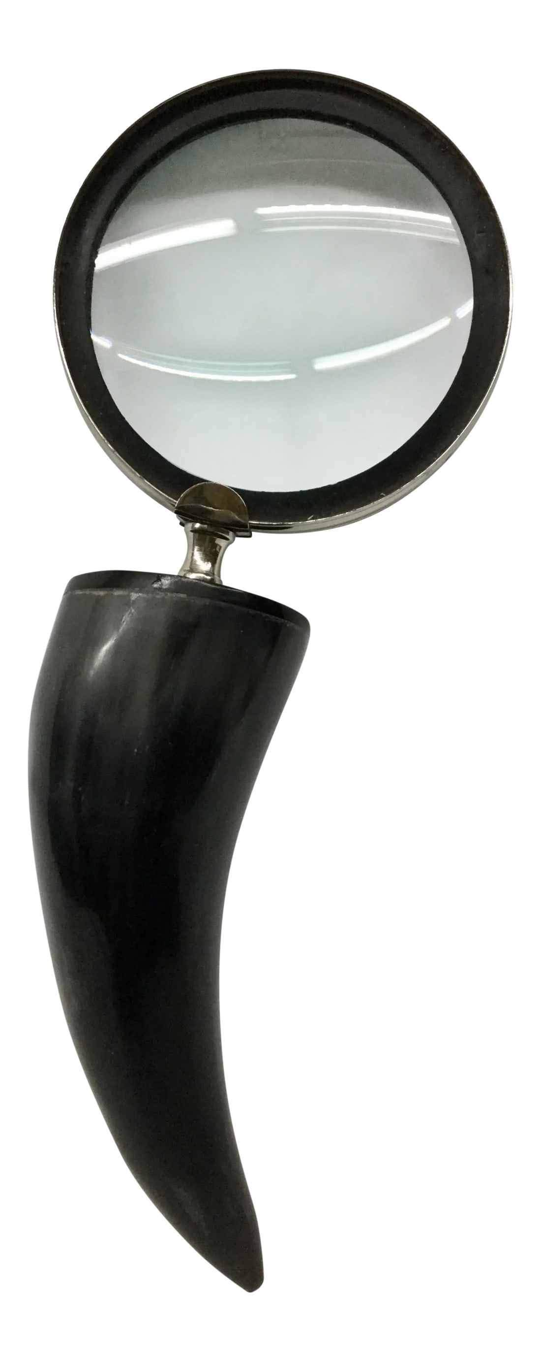 Horn & Silver Handle Convex Desk Magnifier: Large and stunning magnifier. Silver rim with natural horn handle. The convex glass is trimmed with no marking silver and has a slight bend on one side. I did not try to straighten it out but most lik