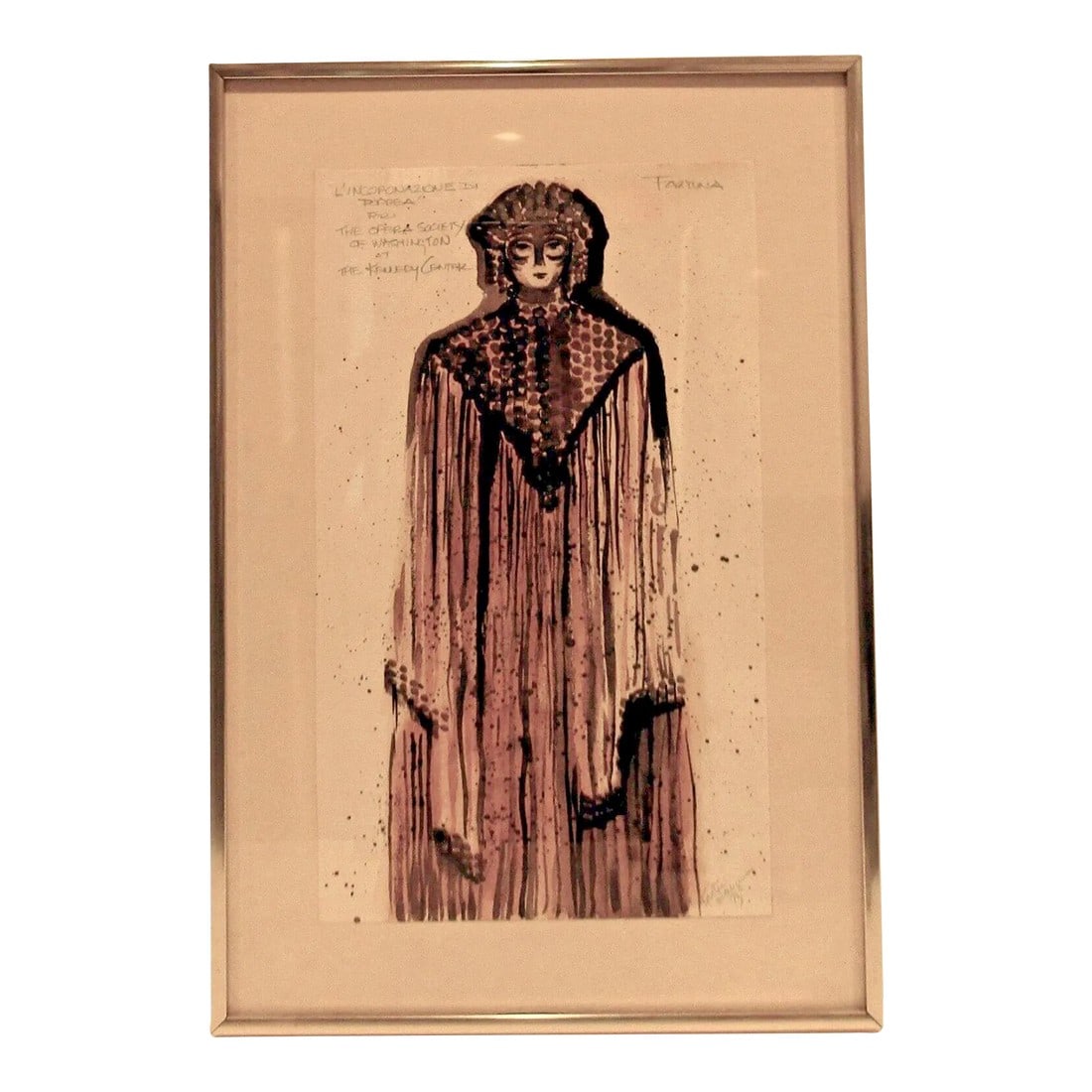 Kristen Haugen Framed 1973 the Opera Society of Washington at the Kennedy Center: Kristen Haugen Framed 1973 The Opera Society of Washington at the Kennedy Center Costume Sketch Measures 13 1/4" wide, 19 1/4" tall and 7/8" deep. Condition: Alterations: Original Condition Unaltered 