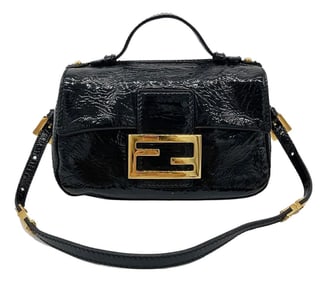 Fendi Black Patent and Silk Zucca Double Mini Baguette