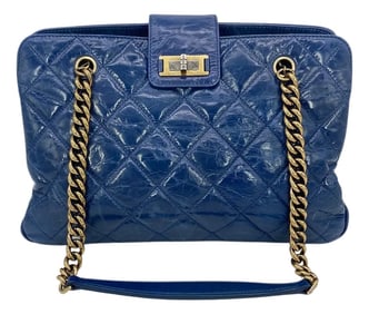 Chanel Blue Glazed Calfskin Quilted Tote Bag