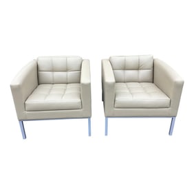 Restored Pair of 1970s Florence Knoll Style Armchairs With Tan Vegan Leather and Steel Legs