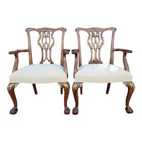 Pair of 1990s Baker Furniture Company Chippendale Style Ball & Claw Armchairs With New Upholstery