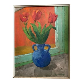 Mid 20th Century Red Flowers in Blue Vase Painting From Sweden