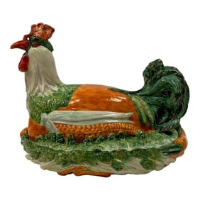 Italian Ceramic Majolica Rooster and Vegetable Tureen
