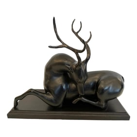 Iron Sculpture of Recumbent Stag Deer on Wood Base