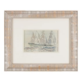 English Watercolor Study on Paper of a Three Masted Schooner by Andrew Bennett, 1900's
