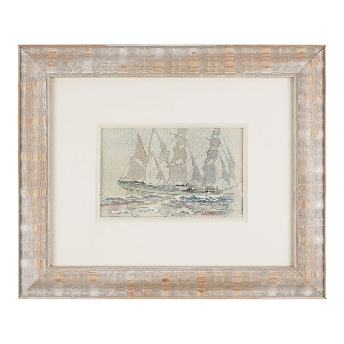 English Watercolor Study on Paper of a Three Masted Schooner by Andrew Bennett, 1900's: Watercolor study on paper of a three masted schooner at sea. The transparent celadon greens, grays, and blues convey a tonalist atmosphere to the composition. Archival mount under UV plexiglass and fi