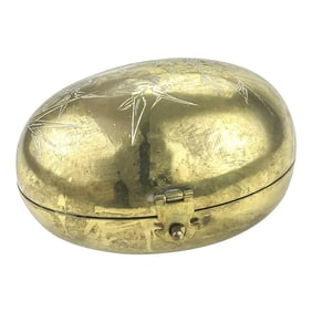 Brass Hinged Lidded Egg Shaped Trinket Box Bamboo Carving Detail