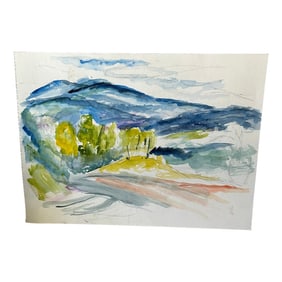 Vintage Landscape Watercolor Painting of Trees and Mountains