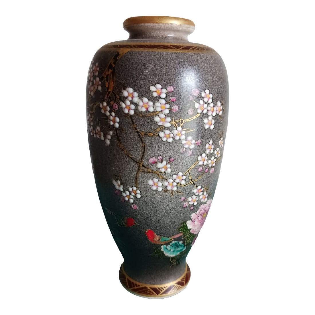Late Meiji Era Japanese Satsuma Vase Birds and Blossoms: Fine Satsuma and enamel vase with birds and blossoms from the early 20th C. 6" high. The labels on the base are incomplete and can't be read. Fine enamel work with gold accents over a grey overglaze g