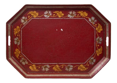 Vintage Red Octogonal Tray With Painted Leaf Border