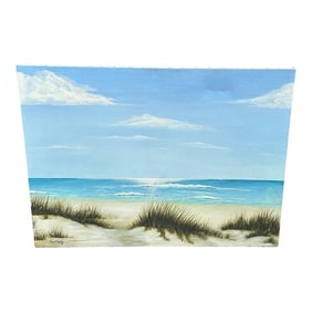 1970s Large Signed Seascape Painting of Beach on Canvas