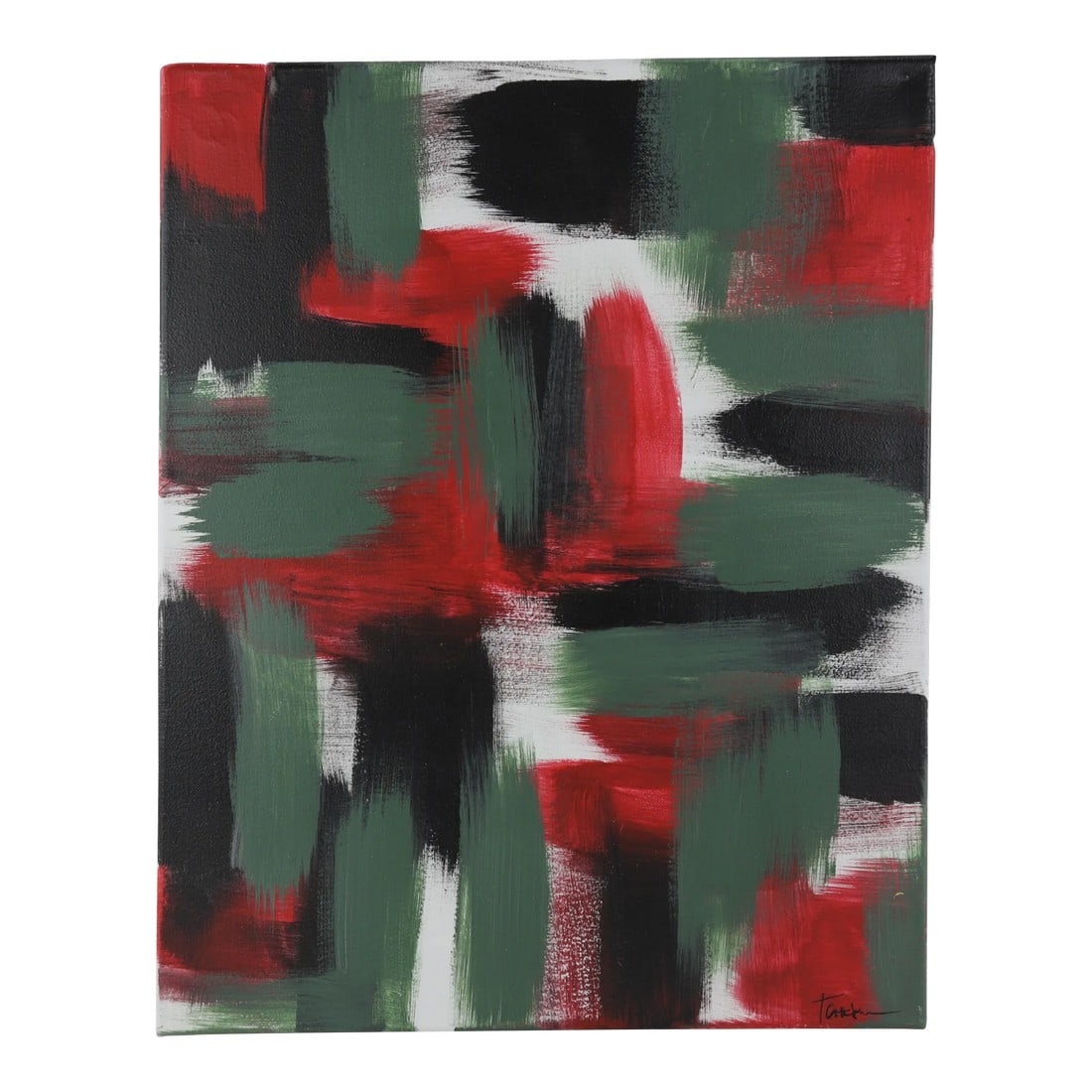 Kinetic Fury Contemporary Abstract Mixed-Media Painting: This vibrant abstract painting showcases bold brushstrokes and a dynamic interplay of colors and forms. The dominant hues of red, green, black, and white create a striking contrast and visual depth. T